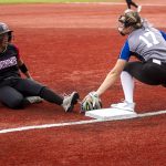 Walla Wallas Sidney McCauley (17) tags a Snohomish player out during a game between Snohomish and Walla Walla at the Lacey-Thurston County Regional Athletic Complex in Olympia, Washington on Saturday, May 27, 2023. Snohomish won, 7-3. (Annie Barker / The Herald)