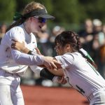 Peninsula players celebrate during the 3A softball championship game between Snohomish and Peninsula at the Lacey-Thurston County Regional Athletic Complex in Olympia, Washington on Saturday, May 27, 2023. Snohomish lost, 4-1. (Annie Barker / The Herald)