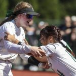 Peninsula players celebrate during the 3A softball championship game between Snohomish and Peninsula at the Lacey-Thurston County Regional Athletic Complex in Olympia, Washington on Saturday, May 27, 2023. Snohomish lost, 4-1. (Annie Barker / The Herald)
