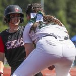 A Snohomish player slides safe into third during the 3A softball championship game between Snohomish and Peninsula at the Lacey-Thurston County Regional Athletic Complex in Olympia, Washington on Saturday, May 27, 2023. Snohomish lost, 4-1. (Annie Barker / The Herald)