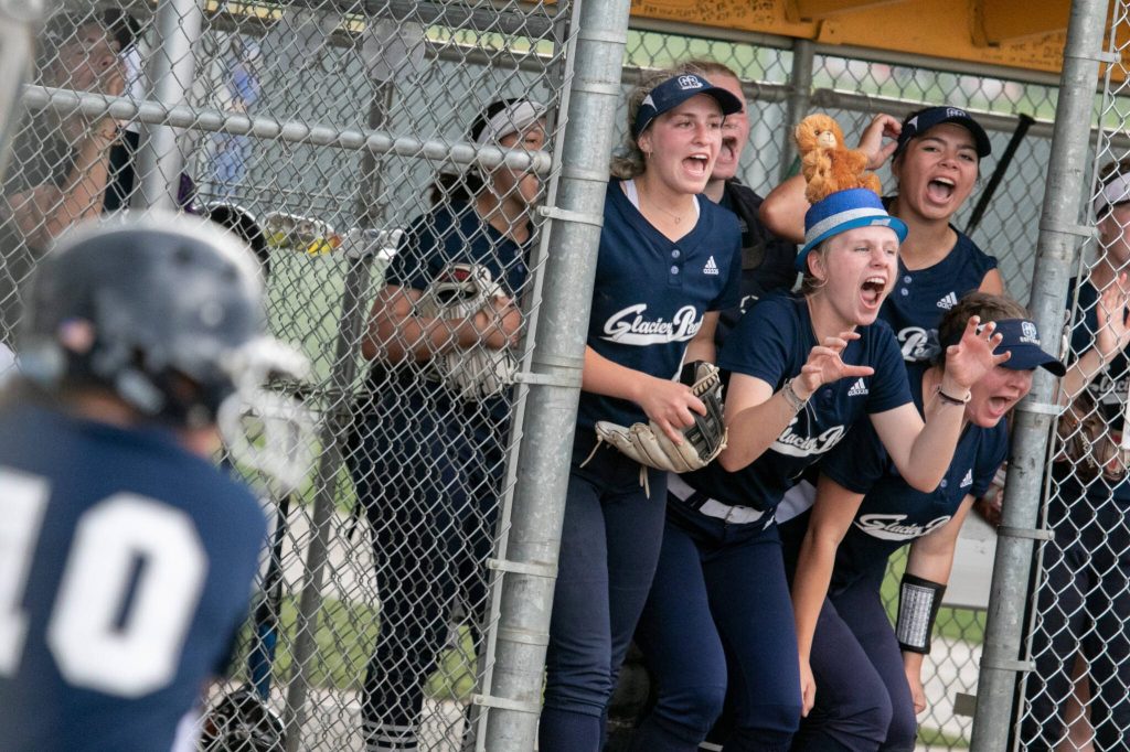 Glacier Grizzlies growl at Jackson players during a pitch during the WIAA Class 4A state softball title game on Saturday, May 27, 2023, in Richland. (TJ Mullinax / For The Herald)