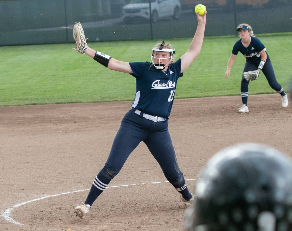 Glacier Peaks Maya Mesa (15) winds up a pitch during the WIAA Class 4A state softball title game on Saturday, May 27, 2023, in Richland. (TJ Mullinax / For The Herald)