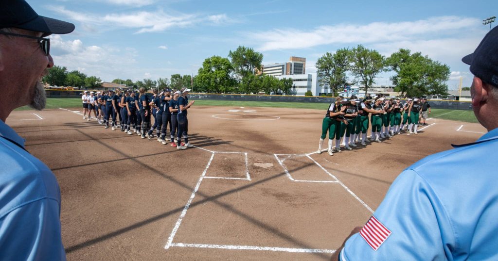 Jackson and Glacier Peak line up before the WIAA Class 4A state softball title game on Saturday, May 27, 2023, in Richland. (TJ Mullinax / For The Herald)