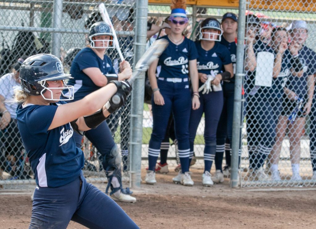 Glacier Peaks Faith Jordan (8) drives a runner to second base during the WIAA Class 4A state softball title game on Saturday, May 27, 2023, in Richland. (TJ Mullinax / For The Herald)