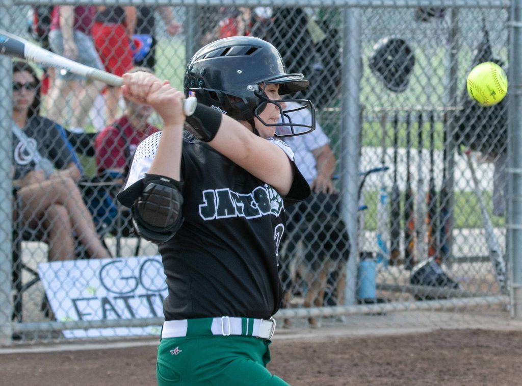 Jacksons Addison Bale (3) hits a foul ball during the WIAA Class 4A state softball title game on Saturday, May 27, 2023, in Richland. (TJ Mullinax / For The Herald)