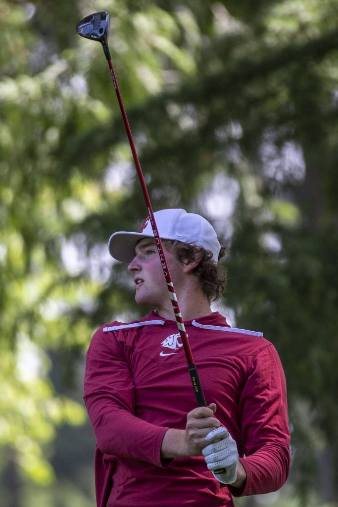 Ben Borgida swings during the Snohomish County Amateur golf tournament at the Everett Golf and Country Club in Everett, Washington on Monday, May 29, 2023. (Annie Barker / The Herald)