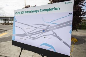 A map of the I-5/SR 529 Interchange project on Tuesday, May 23, 2023 in Marysville, Washington. (Olivia Vanni / The Herald)