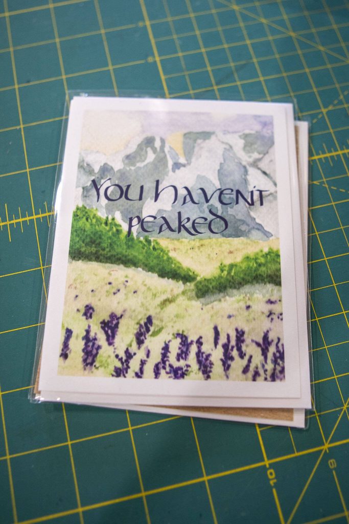 A card designed by Chelsea Bridges Wagner, 35, at her home in Snohomosh, Washington on Wednesday, March 29, 2023. (Annie Barker / The Herald)