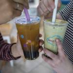 Cups of mango green tea, left, and matcha, right, at Sweet N Short Tapioca Tea in Everett, Washington on Tuesday, May 30, 2023. (Annie Barker / The Herald)