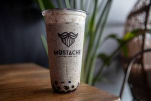 Black sesame tea at Mustache Milk Tea in Lynnwood, Washington on Tuesday, May 30, 2023. (Annie Barker / The Herald)