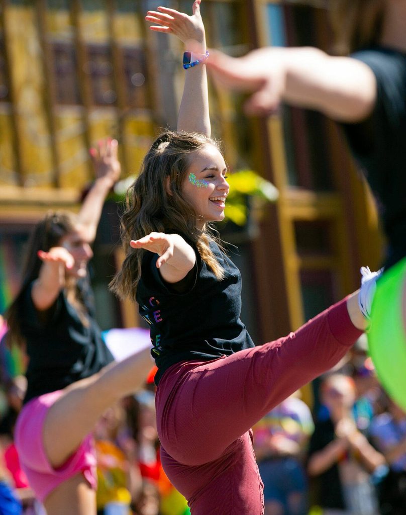 Dancers from Snohomishs Turning Pointe Dance Center perform a routine on First Street during Snohomishs inaugural Pride celebration on Saturday, June 3, 2023, in downtown Snohomish, Washington. (Ryan Berry / The Herald)