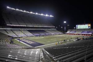 Empty seats are shown at Husky Stadium during an NCAA college football game between Washington and Oregon State, Saturday, Nov. 14, 2020, in Seattle. Due to the COVID-19 pandemic, fans were not permitted to attend the game. (AP Photo/Ted S. Warren)