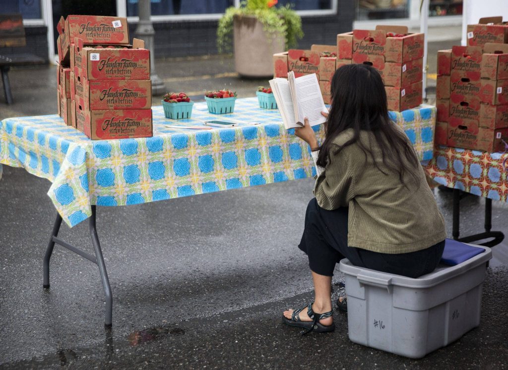 A Hayton Farms strawberry vendor reads a book during the Marysville Farmers Market on Friday, June 9, 2023, in Marysville, Washington. (Olivia Vanni / The Herald)