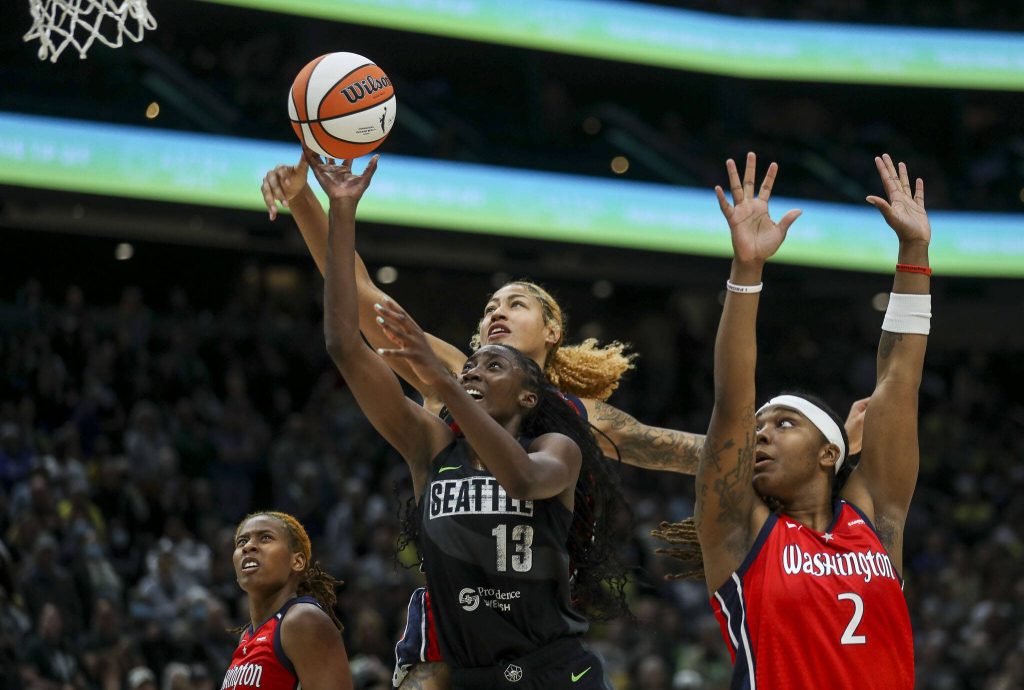 Seattle Storms Ezi Magbegor (13) shoots the ball during a WNBA basketball game in Seattle, Washington on Sunday, June 11, 2023. The Storm fell, 71-65. (Annie Barker / The Herald)