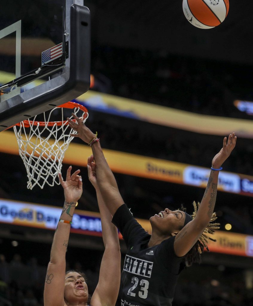 Seattle Storms Jordan Horston (23) shoots the ball during a WNBA basketball game in Seattle, Washington on Sunday, June 11, 2023. The Storm fell, 71-65. (Annie Barker / The Herald)
