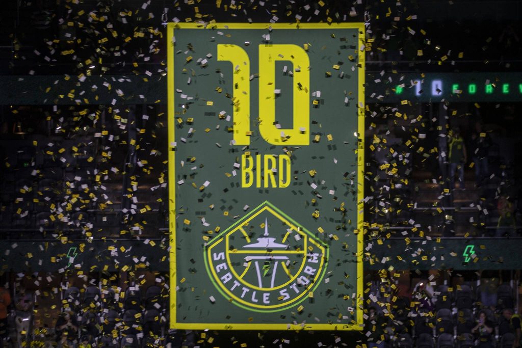 Seattle Storms Sue Birds (10) retirement banner is hung after a WNBA basketball game in Seattle, Washington on Sunday, June 11, 2023. (Annie Barker / The Herald)