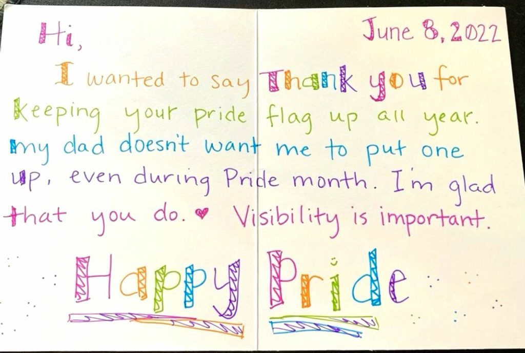 A thank-you card for flying a Pride flag-year-round. (Photo provided)