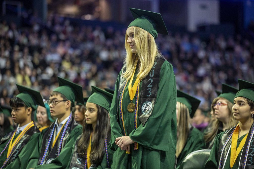 Payton Huber is recognized for the Superintendents Scholar award during the Jackson High School graduation ceremony at Angel of the Winds in Everett, Washington on Saturday, June 17, 2023. (Annie Barker / The Herald)