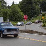 Cars stop and go around the intersections of Lowell Larimer, Marsh and Seattle Hill roads in Snohomish, Washington on Wednesday, June 21, 2023. (Annie Barker / The Herald)