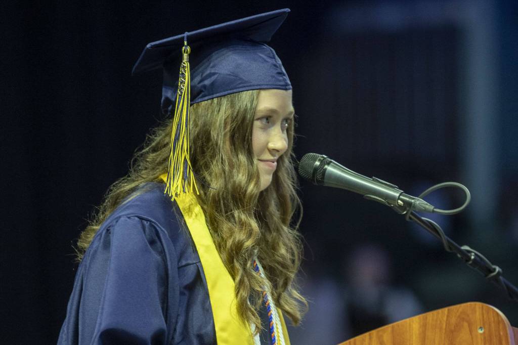 Class Speaker Ruby Wacker gives a speech during the Everett High School graduation ceremony at Angel of the Winds in Everett, Washington on Saturday, June 17, 2023. (Annie Barker / The Herald)