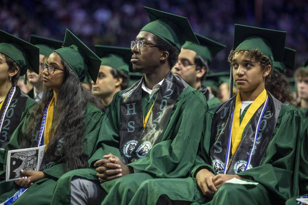 Scenes from the Jackson High School graduation ceremony at Angel of the Winds in Everett, Washington on Saturday, June 17, 2023. (Annie Barker / The Herald)
