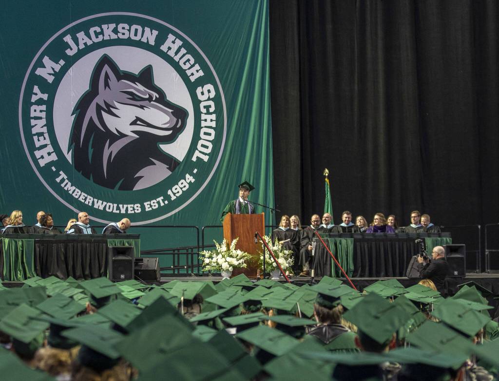 Class Speaker Ryan Tran gives a speech during a Jackson High School graduation ceremony at Angel of the Winds in Everett, Washington on Saturday, June 17, 2023. (Annie Barker / The Herald)