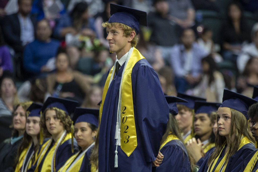 Derek Olson is recognized for the Superintendents Scholar award during the Everett High School graduation ceremony at Angel of the Winds in Everett, Washington on Saturday, June 17, 2023. (Annie Barker / The Herald)