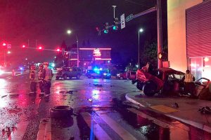 Two people were hospitalized Sunday morning after a rear-end crash on Highway 99 at 220th Street SW in Lynnwood. (Lynnwood Police Department)