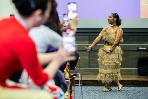 Destinee Harris performs while representing the islands of Fiji and Tonga during World Refugee Day at Everett Community College on Tuesday, June 20, 2023 in Everett, Washington. (Olivia Vanni / The Herald)