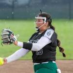 Jackson High School’s Yanina Sherwood (13), pitches as the rain begins to come down during the WIAA class 4A state softball title game on Sat., May 27, 2023, in Richland, Wash. (TJ Mullinax/for The Herald)