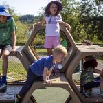 Children play on a honeycomb shaped structure at the Hazel Miller Universally Accessible Playground at Ballinger Park in Mountlake Terrace, Washington on Wednesday, June 28, 2023. (Annie Barker / The Herald)