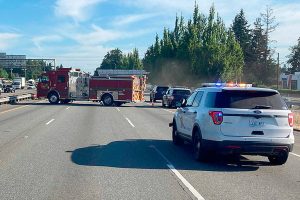 A two-vehicle crash on northbound Interstate 5 near Highway 528 in Marysville led to serious injuries and blocked all northbound traffic Thursday morning. (Washington State Patrol)