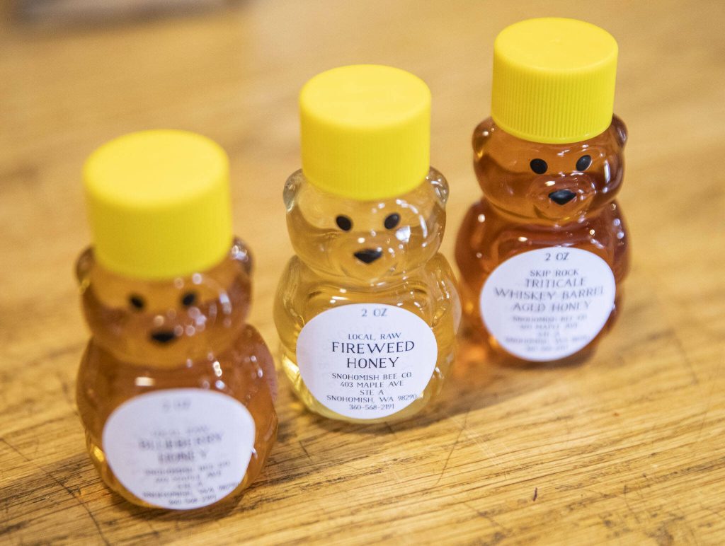Three different types of honey available at the Snohomish Bee Company on Tuesday, June 13, 2023 in Snohomish, Washington. (Olivia Vanni / The Herald)