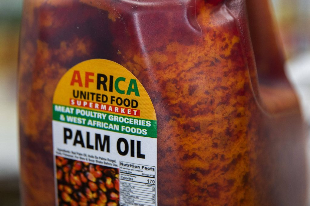 A large gallon jug of imported palm oil available at Dizayus African Market on Wednesday, June 21, 2023 in Everett, Washington. (Olivia Vanni / The Herald)