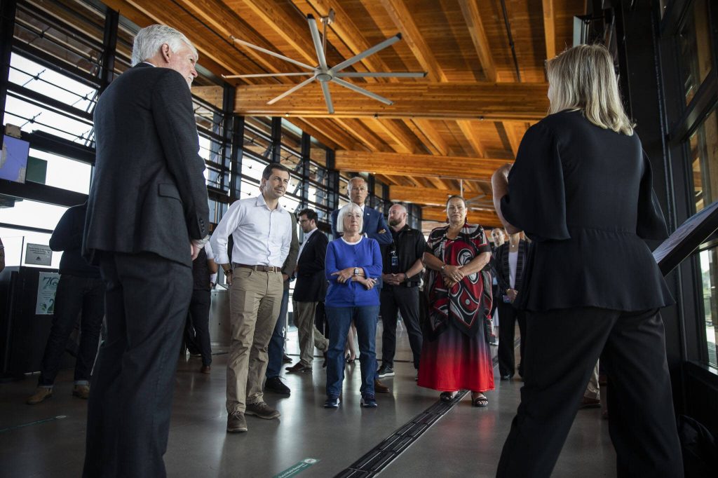 U.S. Transportation Secretary Pete Buttigieg, U.S. Representative Rick Larsen, Washington Governor Jay Inslee, Senator Patty Murray and Tulalip Tribes Board of Directors Chair Teri Gobin tour the Mukilteo Ferry Terminal on Thursday, July 6, 2023 in Mukilteo, Washington. (Olivia Vanni / The Herald)