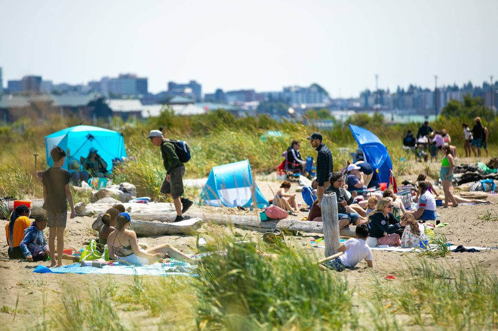 Jetty Island visitors stake their claims at the beach as the afternoon heat begins to take hold. (Ryan Berry / The Herald)