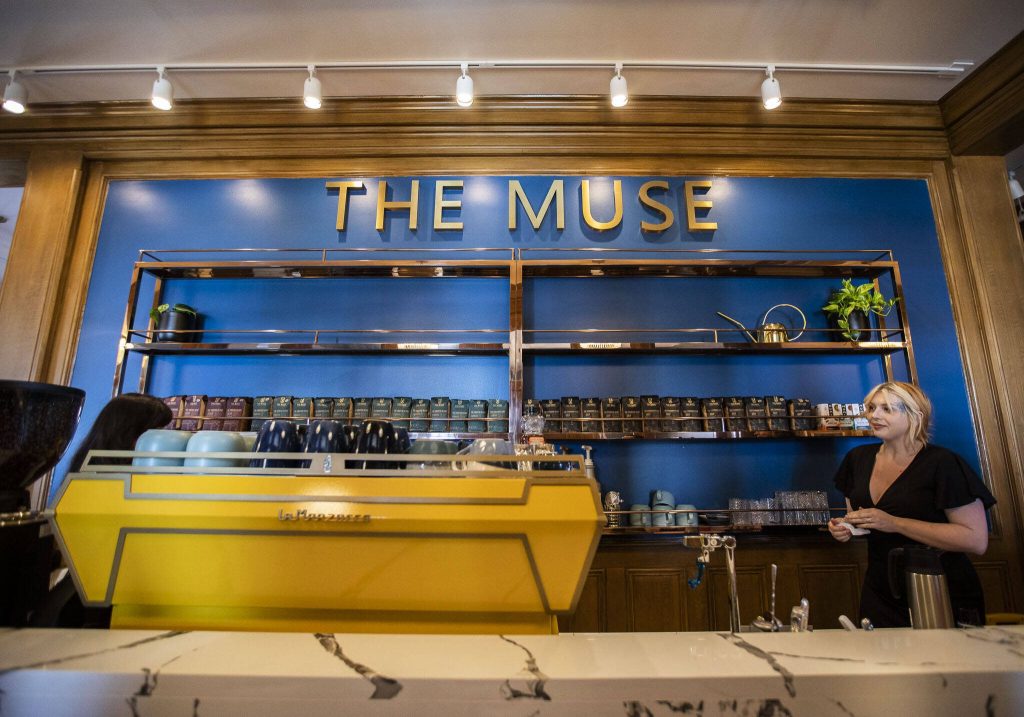 Inside of the the Muse Coffee Bar side of the 100-year-old Weyerhaeuser building on Wednesday, July 12, 2023 in Everett, Washington. (Olivia Vanni / The Herald)