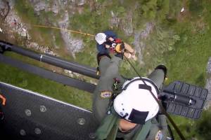 A screenshot from a video posted by Snohomish County Sheriff's Office of rescue technicians extracting the lost hiker near Lake Kelcema. (Photo provided by Snohomish County Sheriff's Office)