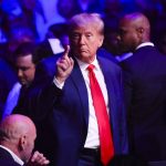 Former President Donald Trump makes an appearance during the UFC 290 mixed martial arts event Saturday, July 8, 2023, in Las Vegas. (Wade Vandervort/Las Vegas Sun via AP)