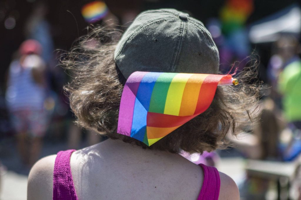 A person wears a pride flag in their hat during the second annual Arlington Pride at Legion Memorial Park in Arlington, Washington on Saturday, July 22, 2023. (Annie Barker / The Herald)