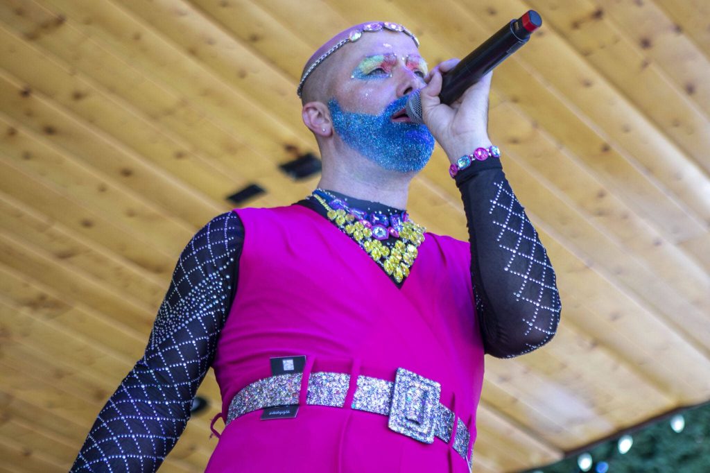 Gina Touché performs during the second annual Arlington Pride at Legion Memorial Park in Arlington, Washington on Saturday, July 22, 2023. (Annie Barker / The Herald)
