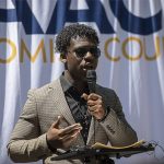 Lynnwood City Councilmember Joshua Binda speaks during a NAACP Snohomish County press conference at Lynnwood City Hall in Lynnwood, Washington on Thursday, July 20, 2023. (Annie Barker / The Herald)