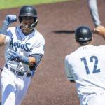AquaSoxs Axel Sanchez celebrates with his home run during the game against the Tri-City Dust Devils on Wednesday, July 19, 2023 in Everett, Washington. (Olivia Vanni / The Herald)