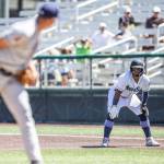 AquaSoxs Gabriel Gonzalez looks at the Tri-City Dust Devils pitcher as he leads off during the game on Wednesday, July 19, 2023 in Everett, Washington. (Olivia Vanni / The Herald)