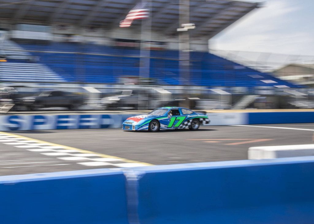Cars lined up in the pits during practice for Summer Showdown at Evergreen Speedway on Thursday in Monroe. (Olivia Vanni / The Herald)