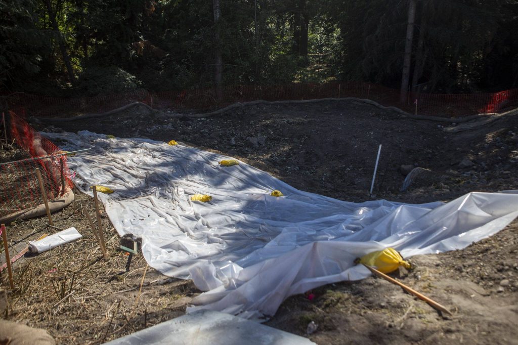 Culvert replacement under 128th Street SE and Highway 96 near McCollum Park in Martha Lake, Washington on Friday, July 21, 2023. (Annie Barker / The Herald)