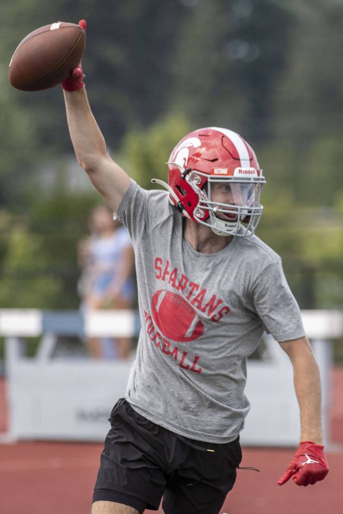 A Stanwood player celebrates during the Lakewood 7on7 passing tournament and lineman challenge at Lakewood High School in Arlington, Washington on Saturday, July 29, 2023. (Annie Barker / The Herald)