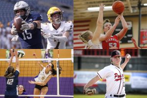 Glacier Peak's Trey Leckner (top left), Stanwood's Viviennet Berrett (top right), Lake Stevens' Bella Christiensen (bottom left) and Snohomish's Kale Hammer (bottom right) are all heading to NCAA D-I schools. (Herald file photos)