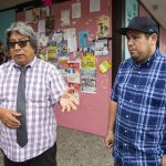 Felipe Hernandez, left, and his son Tony Hernandez speak about the impact the Light Rail plan would have on their business and the greater local community outside of their store on Tuesday, May 16, 2023 in Everett, Washington. (Olivia Vanni / The Herald)