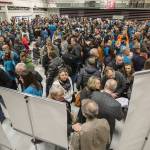 Hundreds of Alderwood Community Church and Mill Creek Foursquare Church leaders and members fill Cascade High Schools lunchroom during Sound Transits in-person open house on Wednesday, Feb. 15, 2023 in Everett, Washington. (Olivia Vanni / The Herald)